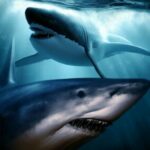Grote witte haai versus blauwe vinvis