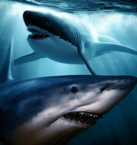 Grande squalo bianco contro balenottera azzurra